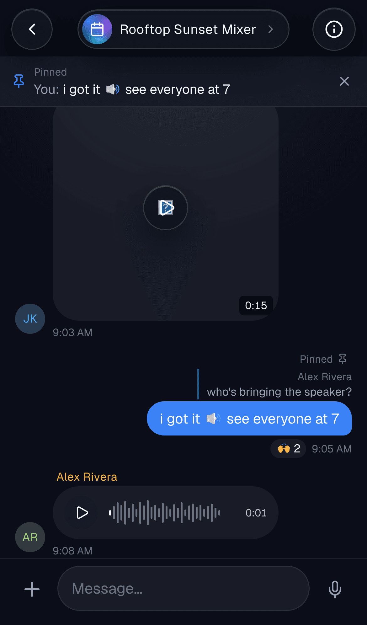 An event chat thread with a pinned message and a voice note