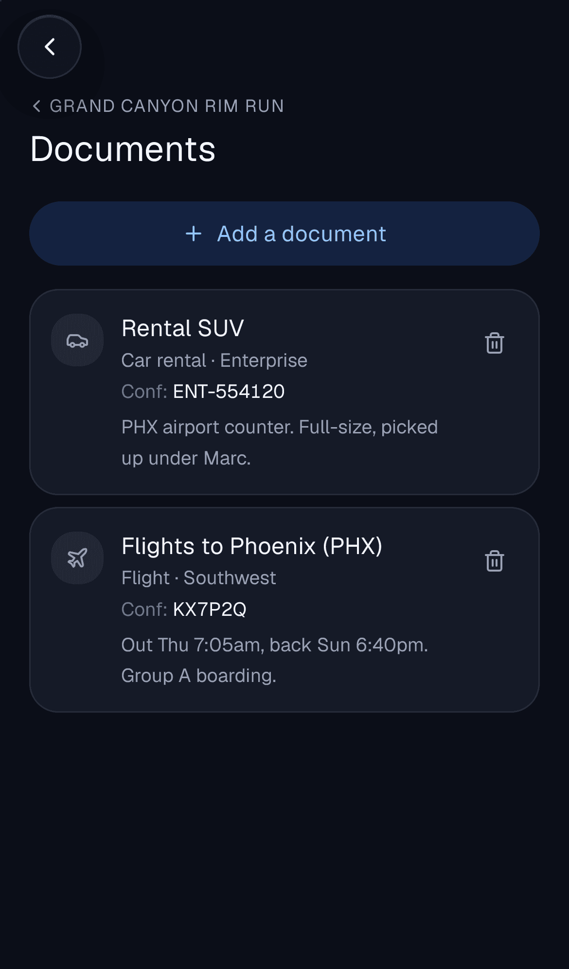 A reservations vault with flights and confirmation numbers