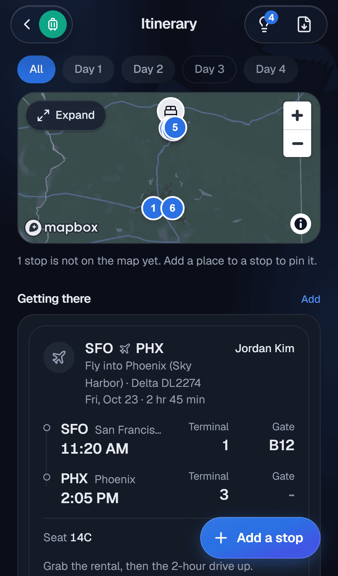 A trip itinerary with stops laid out by day