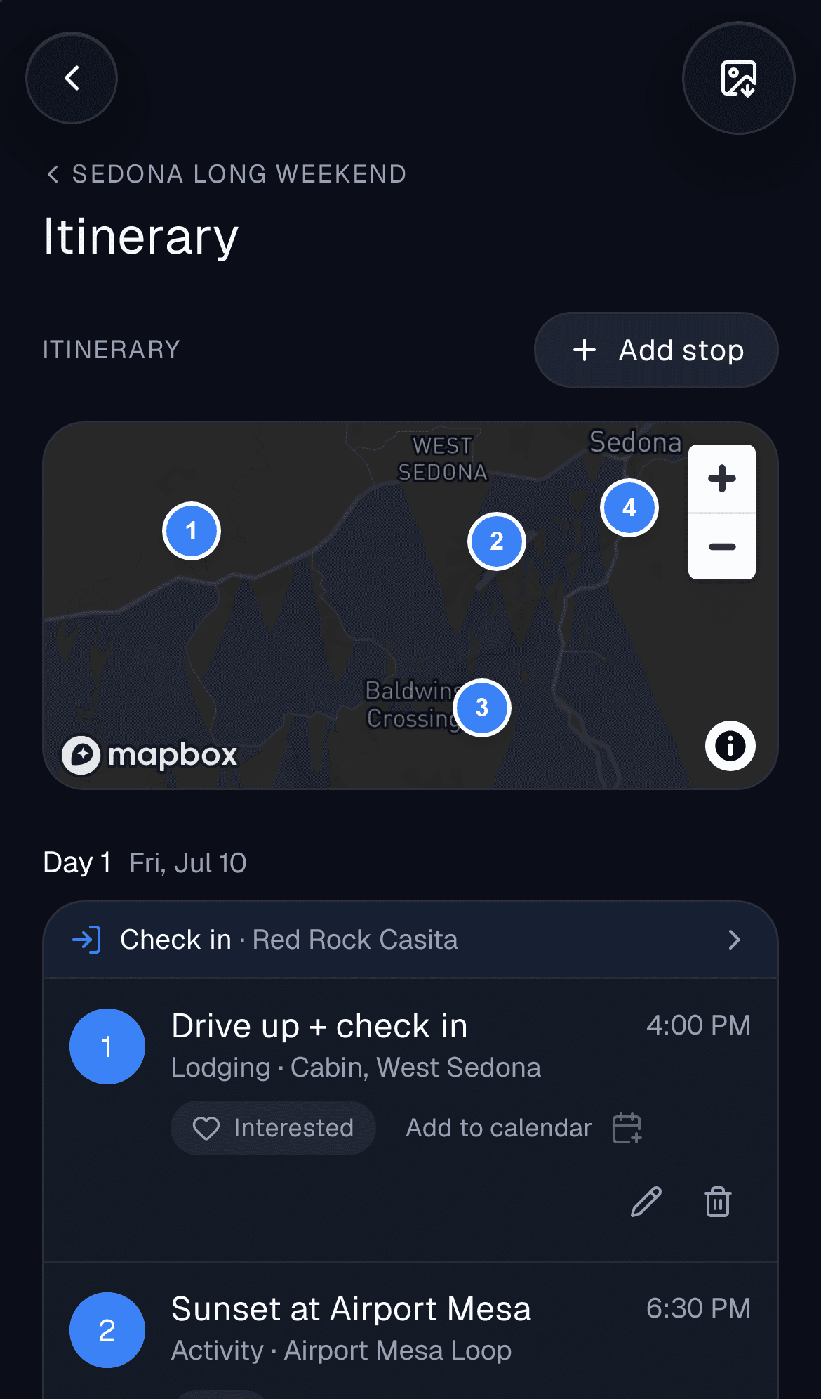 A trip itinerary with stops laid out by day