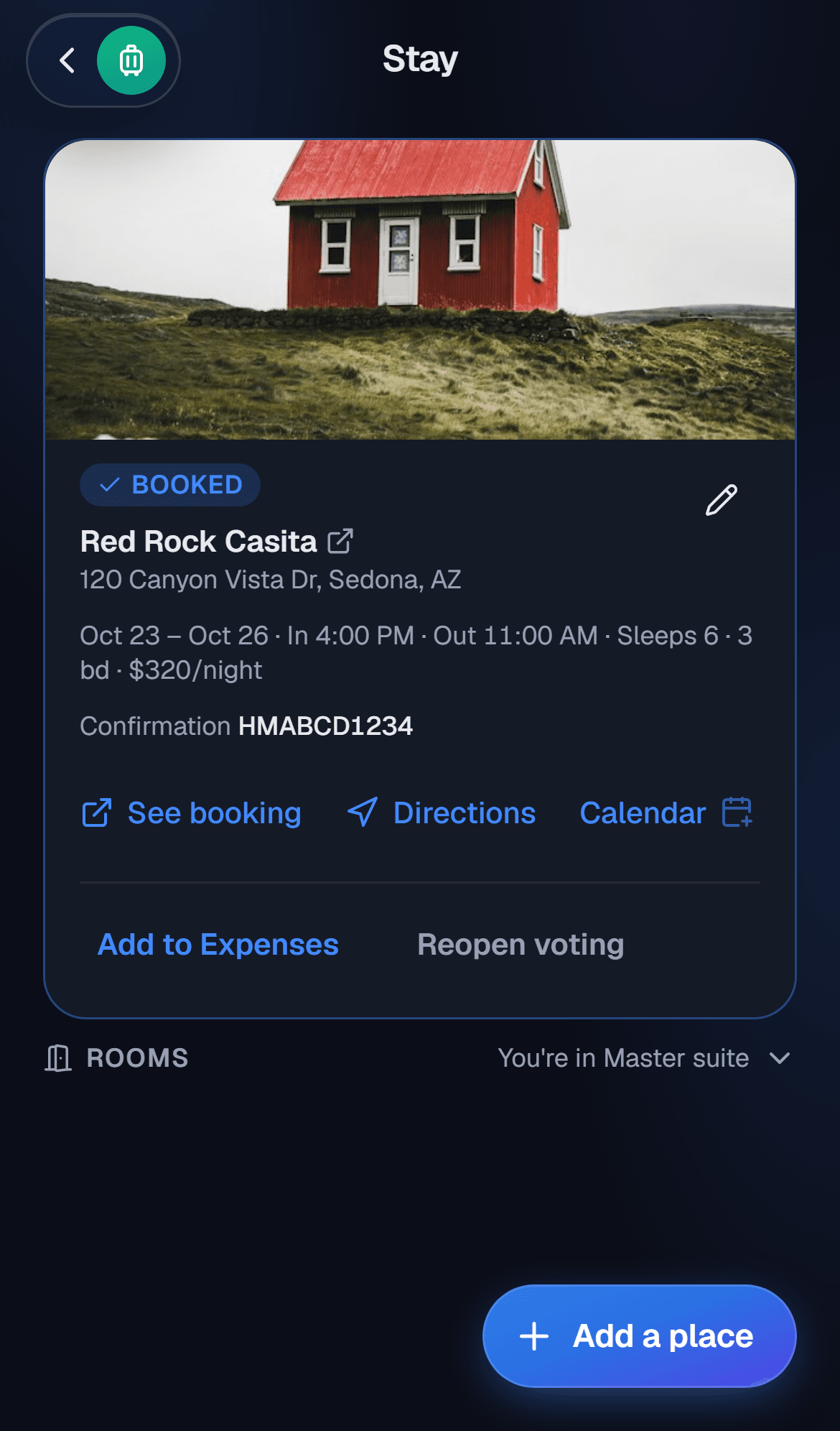 A lodging card with check-in details and crew votes