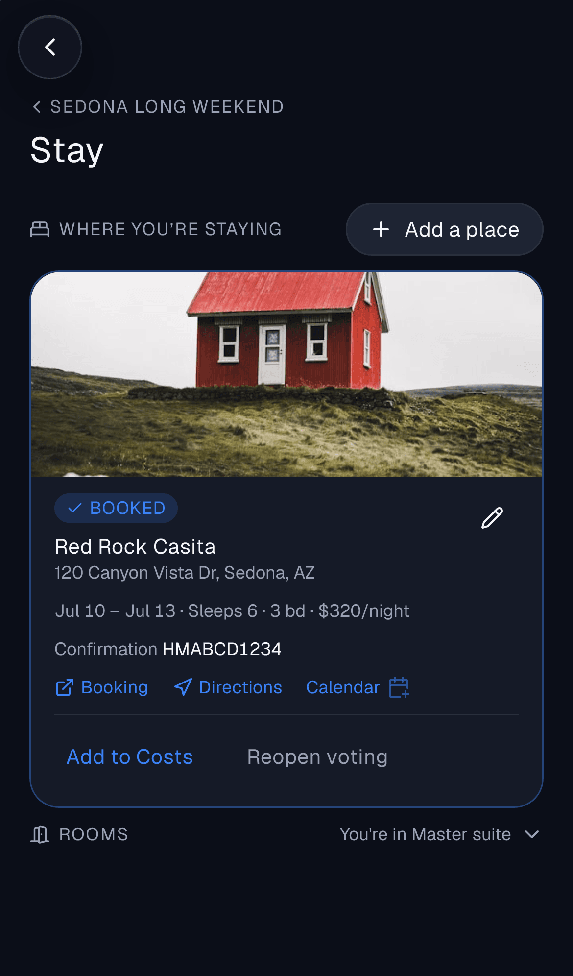 A lodging card with check-in details and crew votes