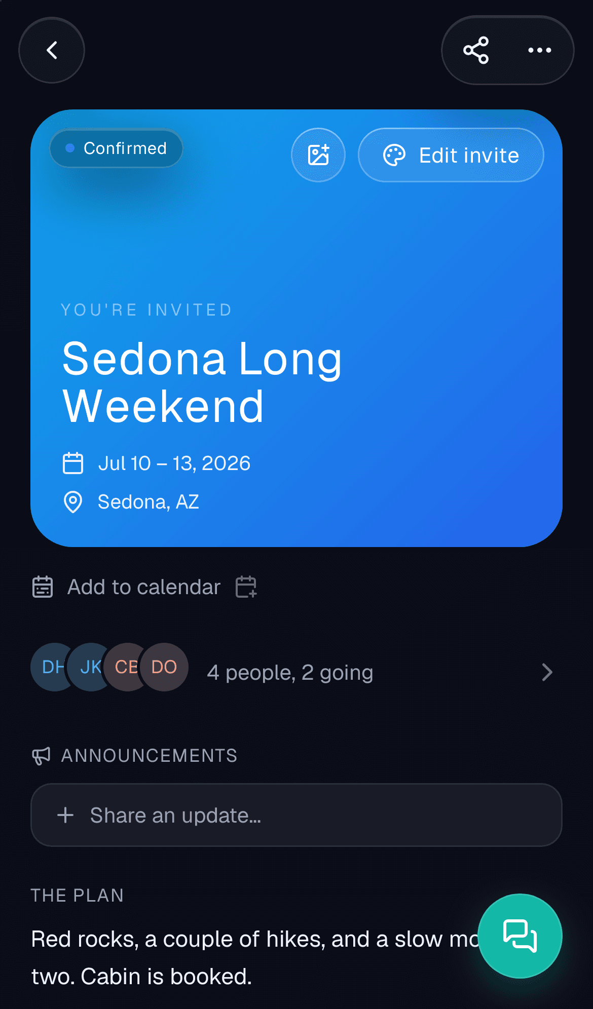 A trip itinerary with stops and crew