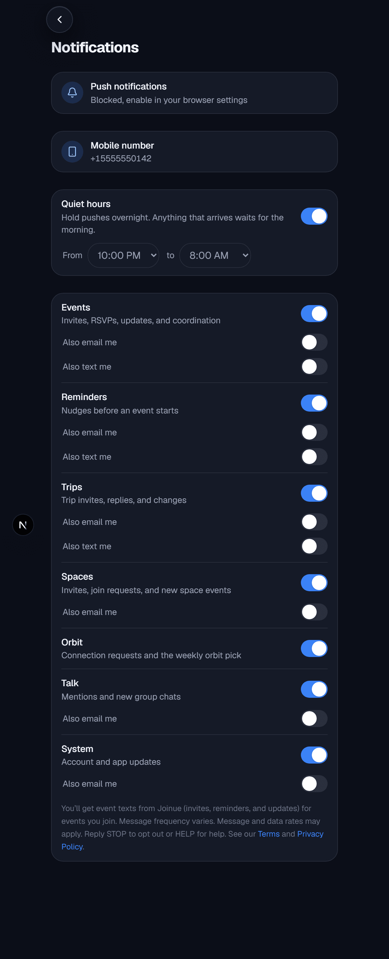Joinue notification settings showing the 'Also text me' opt-in toggles (off by default) above the SMS consent disclosure: message frequency varies, message and data rates may apply, reply STOP to opt out or HELP for help, with links to the Terms and Privacy Policy.