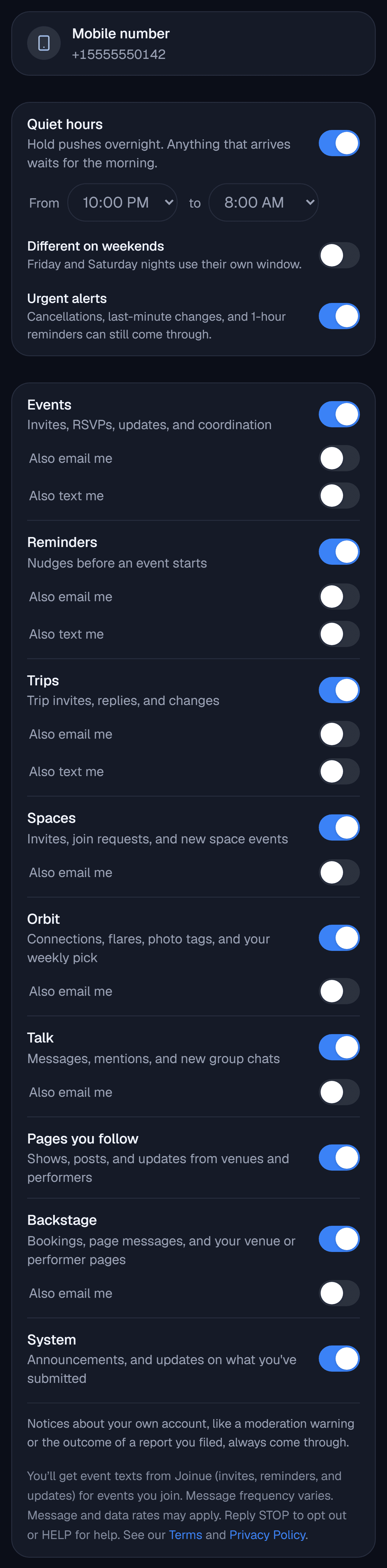 Joinue notification settings: a verified mobile number, then every notification category with its 'Also text me' opt-in toggle switched off by default, and beneath them the SMS consent disclosure reading that message frequency varies, message and data rates may apply, and to reply STOP to opt out or HELP for help, with links to the Terms and Privacy Policy.